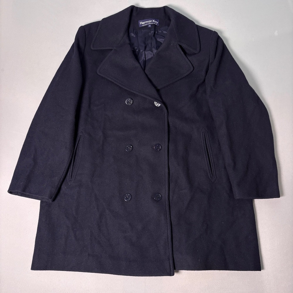 Herman Kay Womens 1X Navy Blue Wool Blend Double Breasted Pea Coat 12264